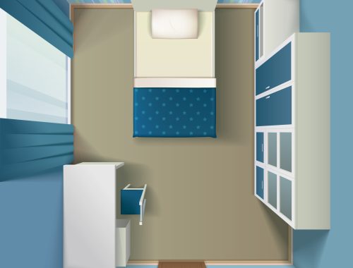 Modern bedroom interior design with queen size bed and white single wardrobe top view realistic  vector illustration